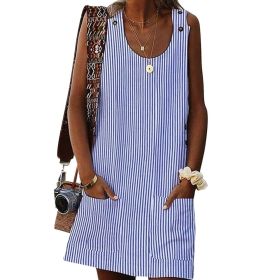 Women's New Summer Sleeveless Striped Button Pocket Dress (Color: Black, size: XL)